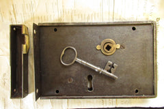 9" x 6" Victorian Cast Iron & Brass Door Rim Lock, Key & Fancy Keep - Carpenter