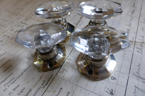 4 Vintage Oval Cut Glass & Brass Drawer Knobs