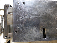 10" x 6 1/4" Victorian Cast Iron Door Rim Lock, Key & Keep