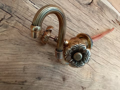 Herbeau Wall mounted small mixer Trèfle  Reclaimed Refurbished Brass Sink Taps