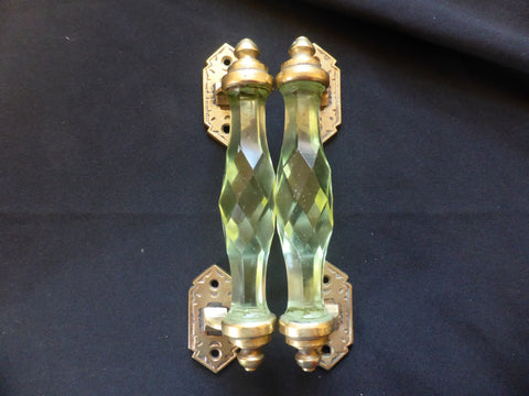 Pair Rare Antique Green Glass & Brass Door Handles