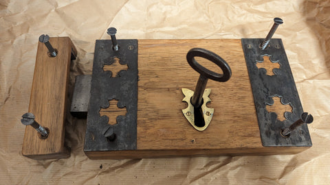 9" Ornate Wood & Cast iron Church / Castle Rim Lock with Key, Keep & Screws