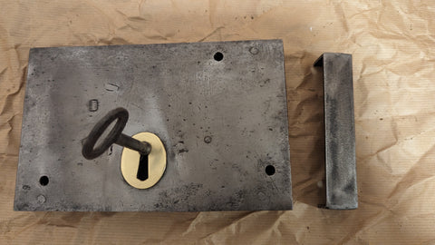 8" x 5" Victorian Cast Iron Door Rim Lock, Key & Keep - Deadlock