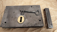 8" x 5" Victorian Cast Iron Door Rim Lock, Key & Keep - Deadlock