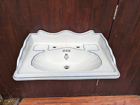 Vintage blue & White Dolphin Shell Johns Armitage Sink + Brackets