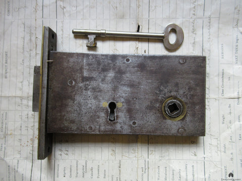Victorian Cast Iron & Brass Mortise Door Lock & Key