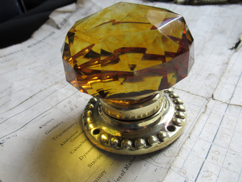 Antique Amber Glass & Brass Entrance Door Centre Knob Pull - Whitehouse's Patent