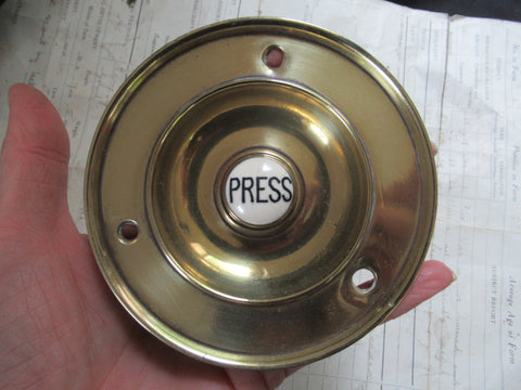 Large Antique Brass & China Electric Door Bell Push - 4"