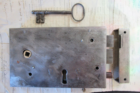 8" x 5" Gothic Cast Iron Door Rim Lock, Key & Keep - hand written