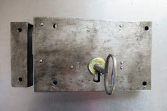 9" x 5 1/2" Victorian Cast Iron Door Rim Lock, Key & Keep - Deadlock