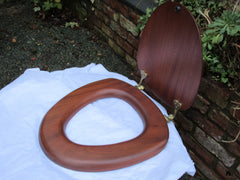 Antique High Level Mahogany & Brass Toilet Seat with Lid - Heart Brackets