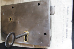 9 1/2" x 6 1/2" Victorian Cast Iron & Brass Door Rim Lock, Key & Keep