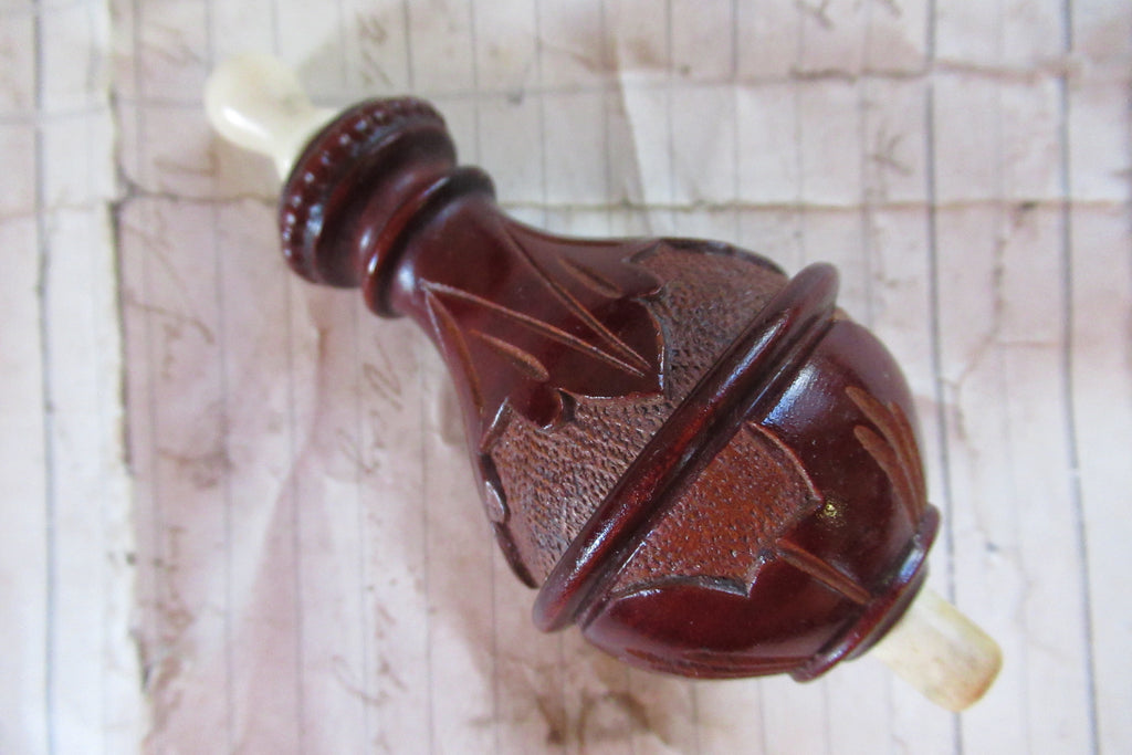 Antique Turned Wooden Electric Servants Bell or Light Push - Carved Pattern