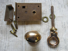 Vintage Brushed Brass Door Rim Lock, keep & door handles