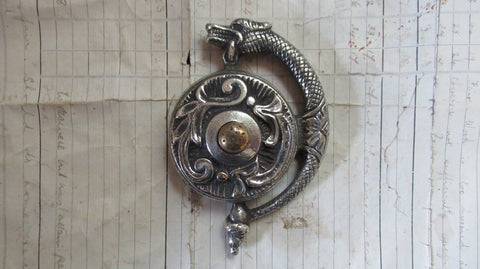 Highly Ornate Antique Brass Electric Doorbell Push - Mythical Creature Griffin / Dragon