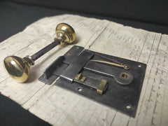 Antique Cast Iron & Brass Cottage Locking Rim Latch & Door Knobs