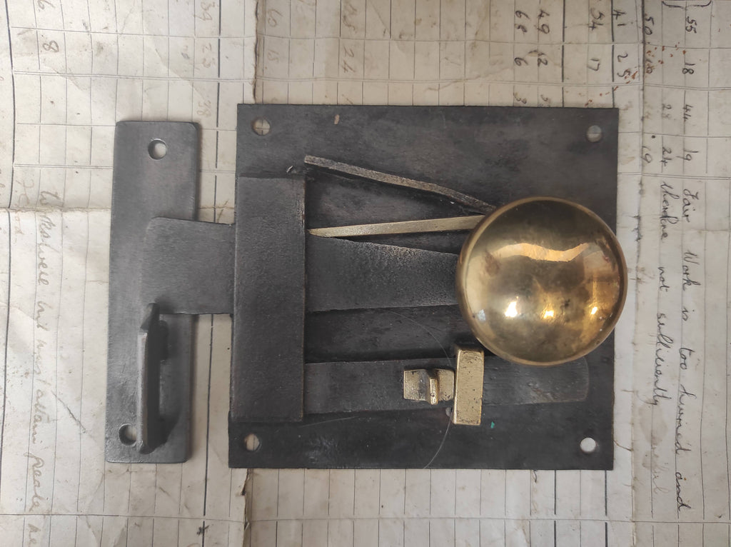 Antique Cast Iron & Brass Cottage Locking Rim Latch & Door Knobs