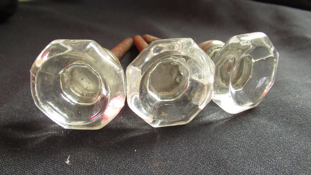 3 x Antique Clear Concave Cut Glass & Nickel Drawer Knobs