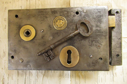 8" x 5" Victorian Cast Iron & Brass Door Rim Lock, Key Keep - Colledge & Bridgen Wolverhampton