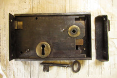 8" x 5" Victorian Cast Iron & Brass Door Rim Lock, Key Keep - Colledge & Bridgen Wolverhampton Lozenge