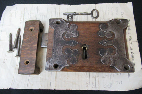 8" Gothic Wood Cast iron Church or Castle Rim Lock with Key and Keep