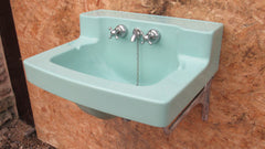 Art Deco Mint Green Porcelain Wall Hung Bathroom Sink + Taps, Waste & Chain