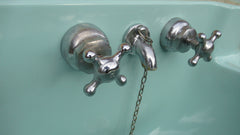 Art Deco Mint Green Porcelain Wall Hung Bathroom Sink + Taps, Waste & Chain