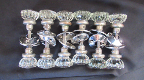 6 Pairs Art Deco 12 Sided Glass & Nickel Door Knobs & Back Plates