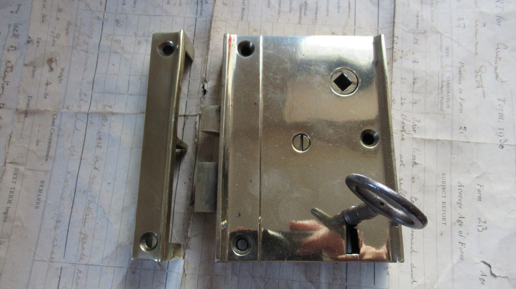 4 3/4" x 3 1/4" Solid Brass Door Rim Lock, Key & Keep