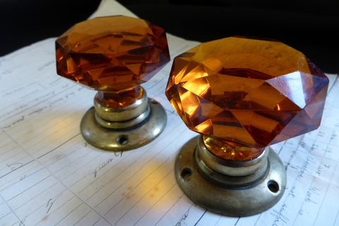 Pair of Antique Amber Cut Glass & Brass Door Knobs