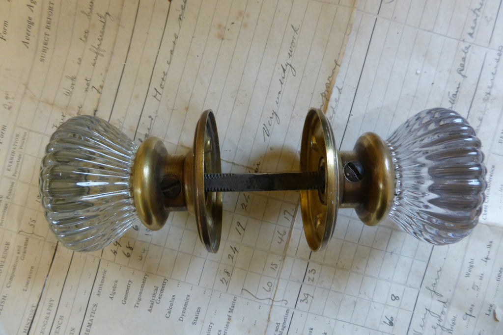 Rare Antique Ribbed Glass & Brass Door Knobs Circa 1900