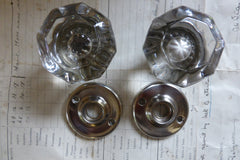 Pair Art Deco 8 Sided Glass Door Knobs + Nickel Back Plates