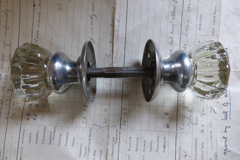 One Pair Antique Glass & Nickel Door Knobs & Backplates