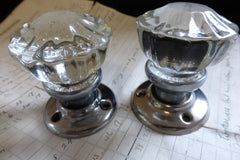 One Pair Antique Glass & Nickel Door Knobs & Backplates