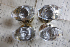 4 Vintage Oval Cut Glass & Brass Drawer Knobs