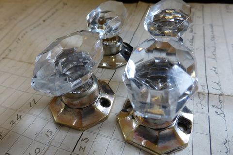 4 Vintage Oval Cut Glass & Brass Drawer Knobs (2)