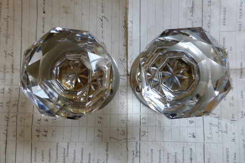 Pair Vintage Cut Glass Door Knobs, Nickel Plated Brass Backplates