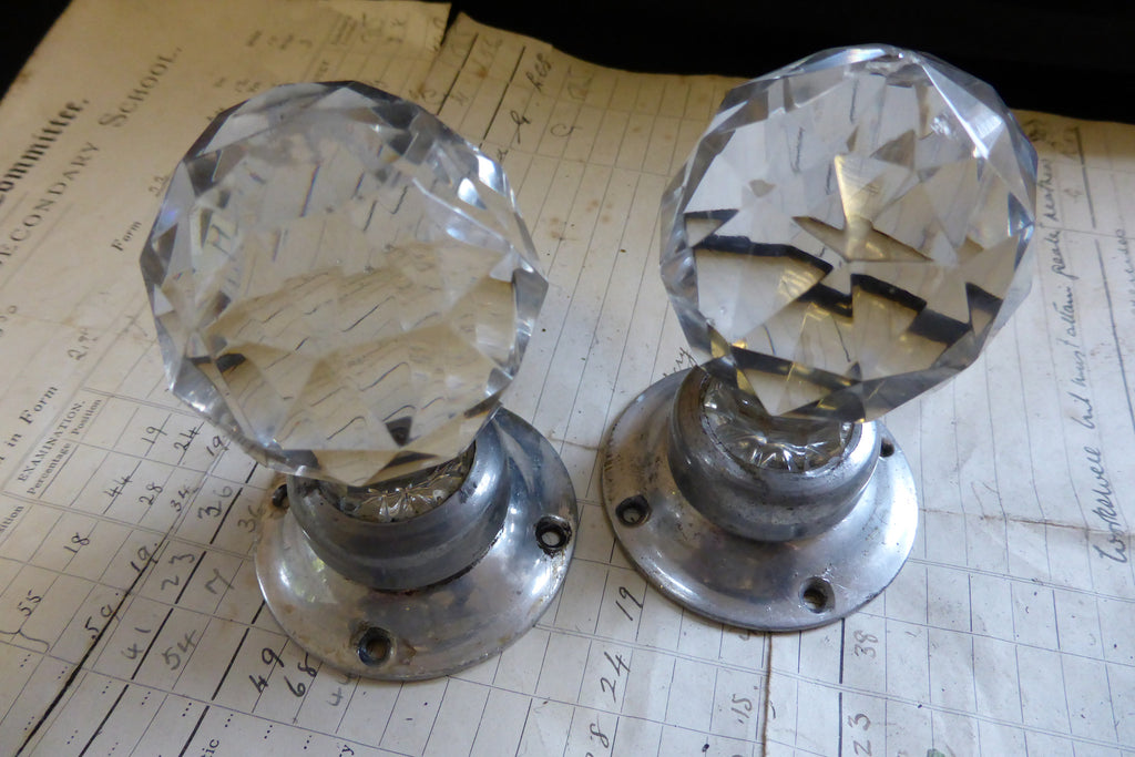 Pair Vintage Cut Glass Door Knobs, Silver Alloy Backplates