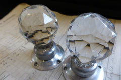 Pair Vintage Cut Glass Door Knobs, Silver Alloy Backplates