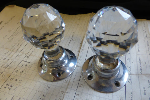 Pair Art Deco Cut Glass & Nickel Door Knobs and Back Plates