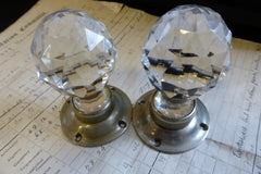 Pair Art Deco Cut Glass & Brass Nickel Plated Door Knobs and Back Plates