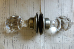 Pair Art Deco Cut Glass & Brass Nickel Plated Door Knobs and Back Plates