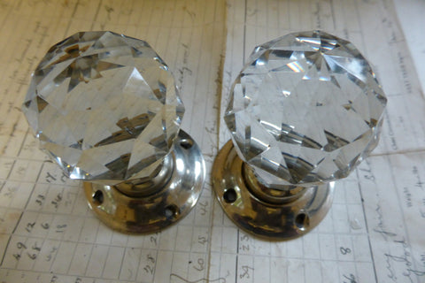 Pair Art Deco Cut Glass & Brass Nickel Plated Door Knobs and Back Plates