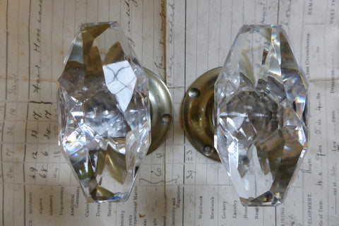 Pair Art Deco Oval Cut Glass & Brass Nickel Plated Door Knobs and Back Plates