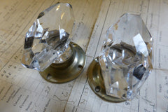 Pair Art Deco Oval Cut Glass & Brass Nickel Plated Door Knobs and Back Plates