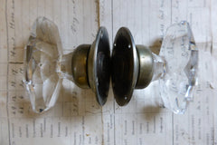 Pair Art Deco Oval Cut Glass & Brass Nickel Plated Door Knobs and Back Plates