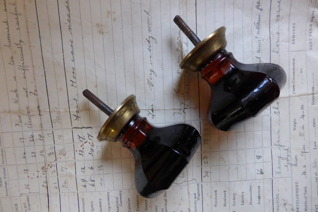 Pair of Antique Amber Cut Glass & Brass Drawer Knobs