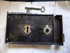 7" x 5" Victorian Cast Iron Door Rim Lock, Key & Keep