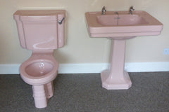 Vintage 1930/50s Art Deco Standard Toilet, Cistern, Sink, Pedestal and Stool - Baby Pink