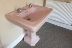 Vintage 1930/50s Art Deco Standard Toilet, Cistern, Sink, Pedestal and Stool - Baby Pink